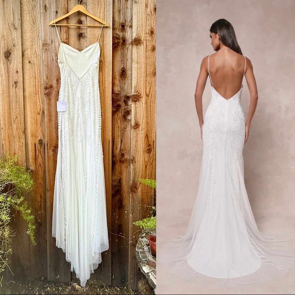 White Sequin Chiffon Art Deco Sleeveless Backless Mermaid Dress w/ Train 🌿